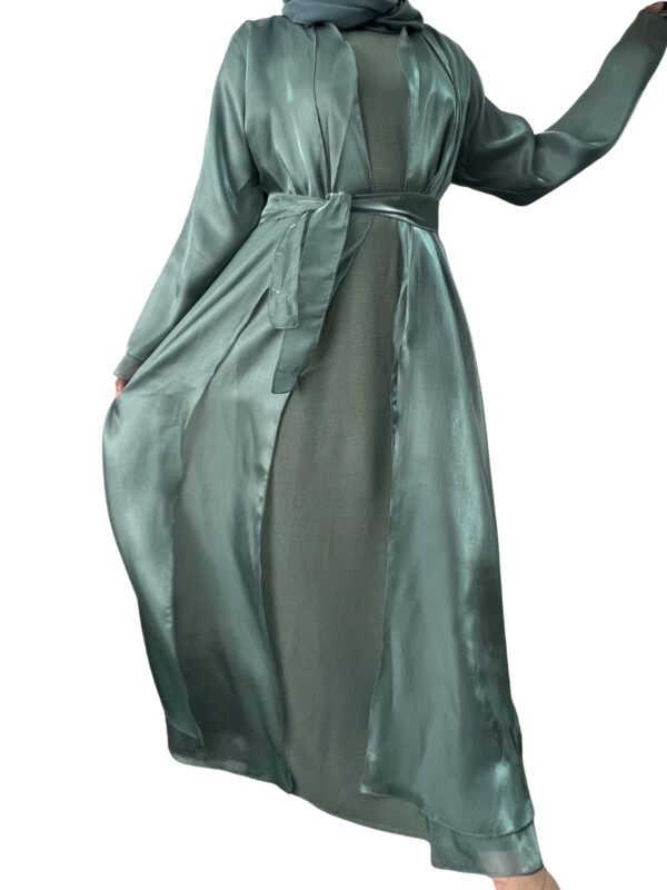 Sage green organza kimono style abaya.